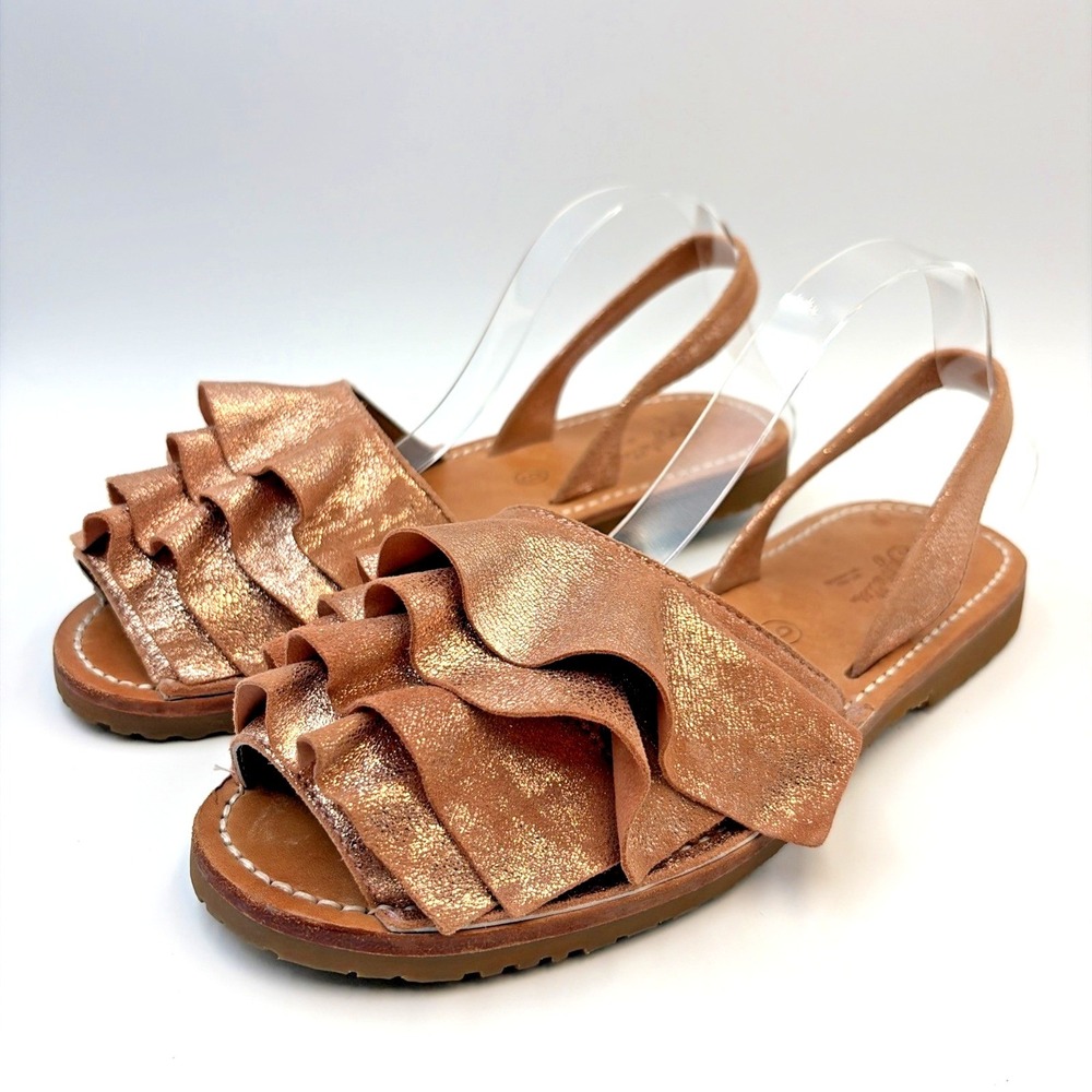 Seychelles Rose Gold Frill Metallic Leather Sandals Summer Slip On Flats Size 9